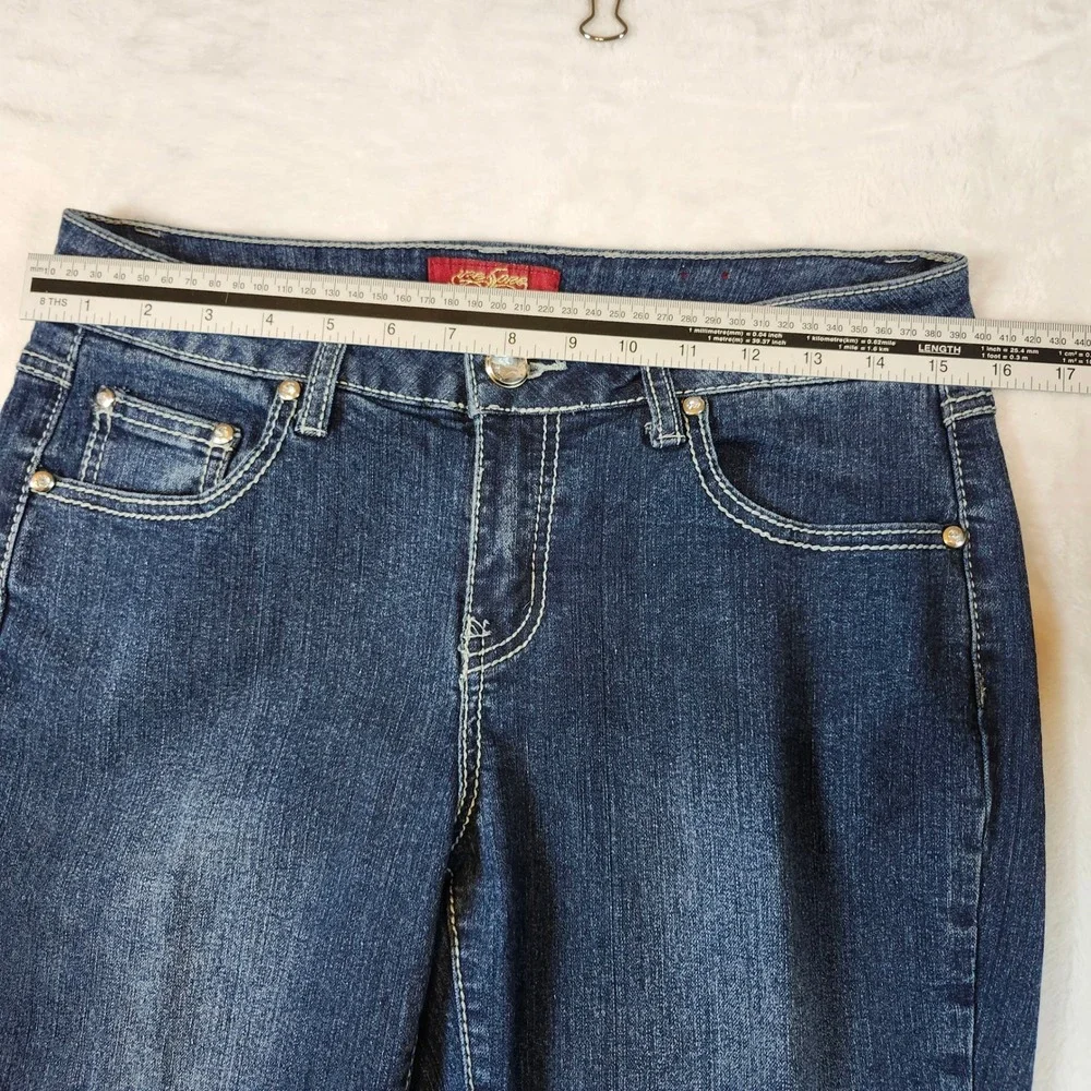 One 5one Bootcut Jeans Women 8 Dark Wash Blue Excellent Embroidered Rhinestone - Picture 4 of 15